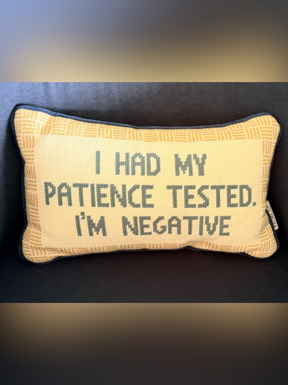 Rachel Zoe “I HAD MY PATIENCE TESTED. I’M NEGATIVE” Accent Pillow. Like New!